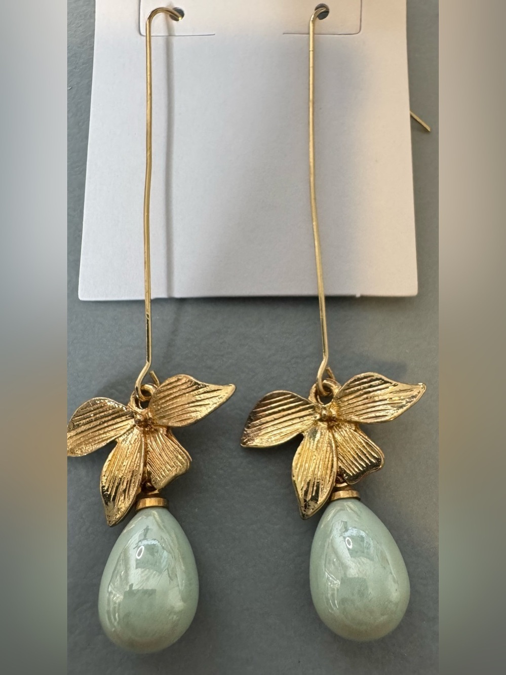 Gold Floral Drop Earrings with Pale Mint Teardrop classy statement earrings